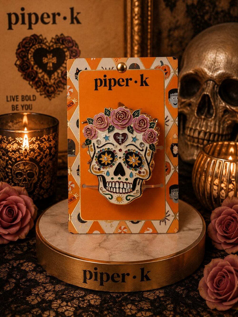 Piper K Sugar Skull Enamel Rhinestone Hair Claw Clip Day of the Dead
